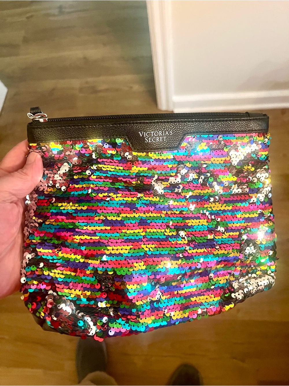 Victoria's Secret Rainbow Sequin Cosmetic Pouch with Black Trim Preowned